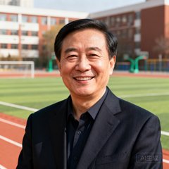 北京市海淀区某中学校长李明华先生正面半身照，身着深色西装面带微笑，背景为学校操场