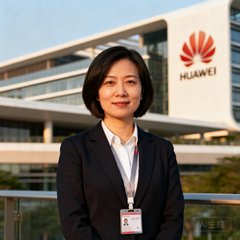 华为深圳总部行政部经理王婷女士正面照，干练短发佩戴工牌，背景为华为园区标志性建筑